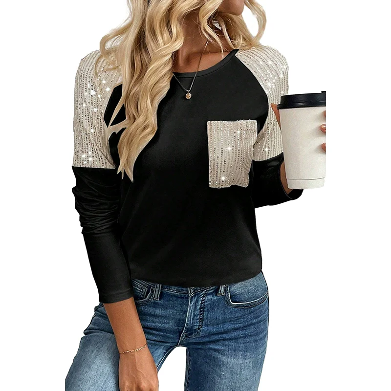 Fall and Winter European and American Stitching Black Long Sleeves Pullover Sequin - Image 7