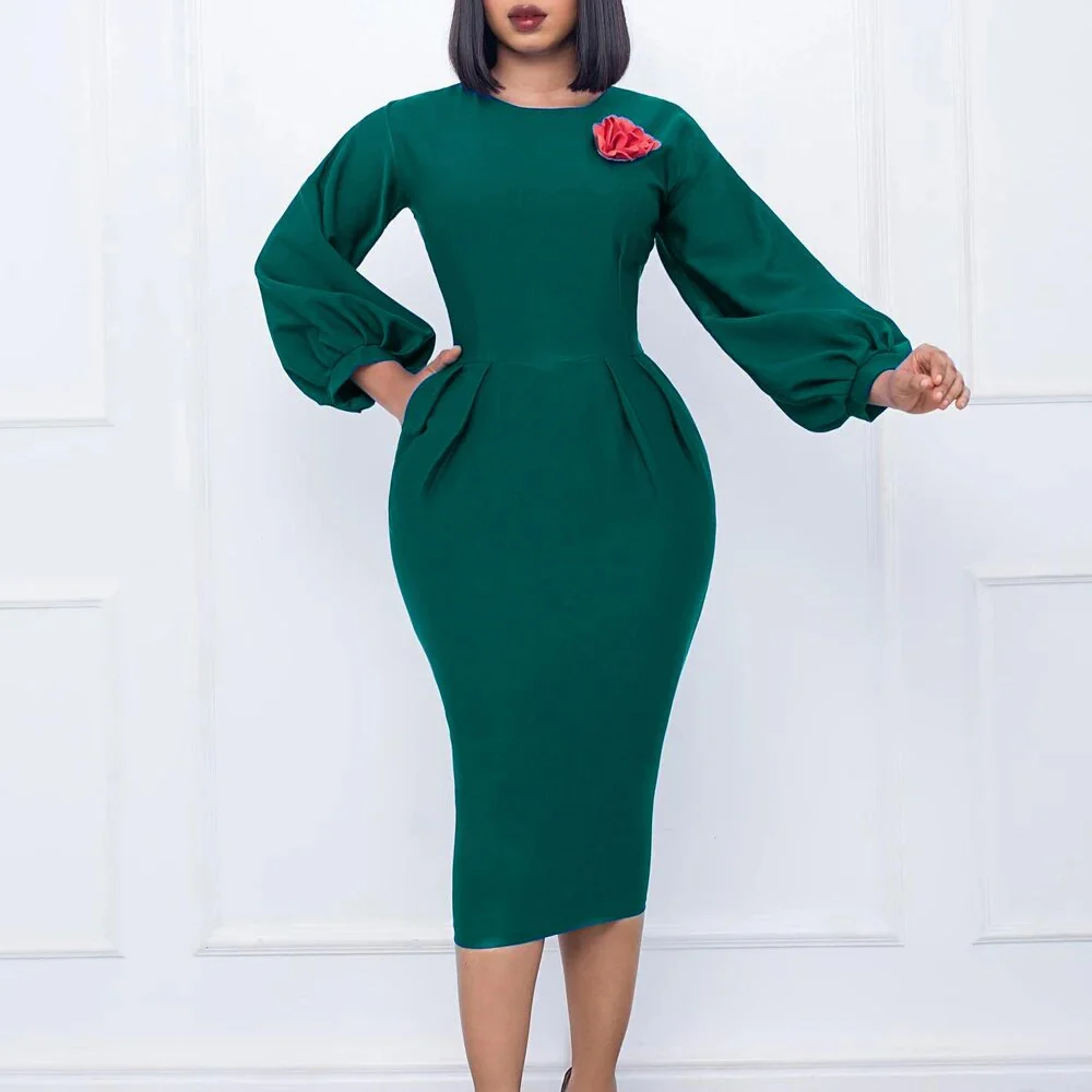 Fall Church Dress for Women 2023 New Arrivals Dresses Elegant Lantern Long Sleeve Ladies Knee Length Formal Festival Midi Dress - Image 3