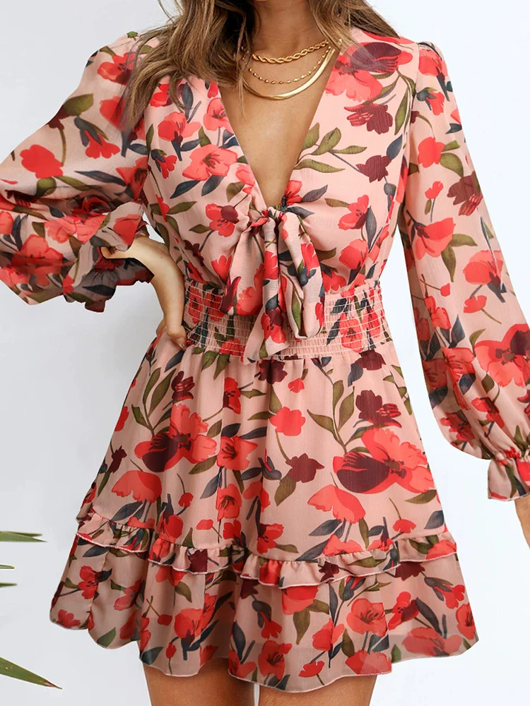 Fall New Arrival Long Sleeves Dress Women's 2024 Fashion Waist-Controlled Lace-up V Neck Pullover Knee-Length Skirt Fairy Dress - Image 6