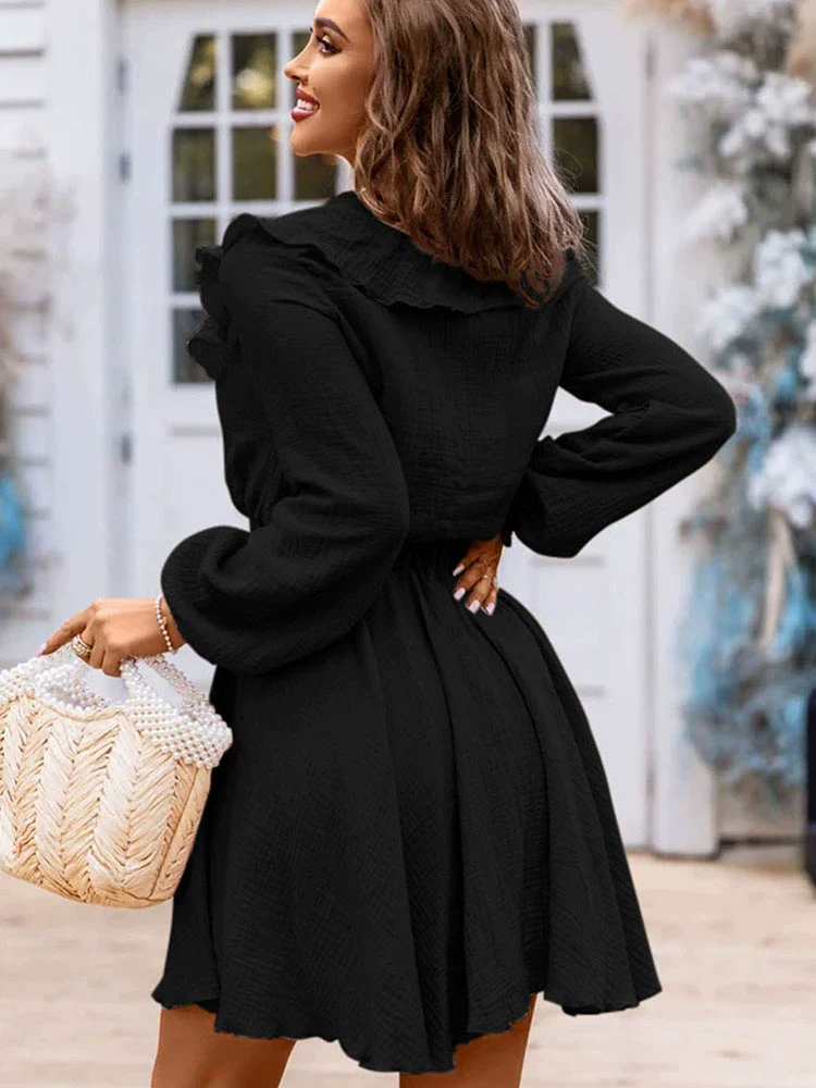 Fall Thin Long Sleeve Dress for Women Fashion Ruffles Patchwork Waist-Slimming Slimming V-Neckline Texture Knee-Length Skirt for Women - Image 3