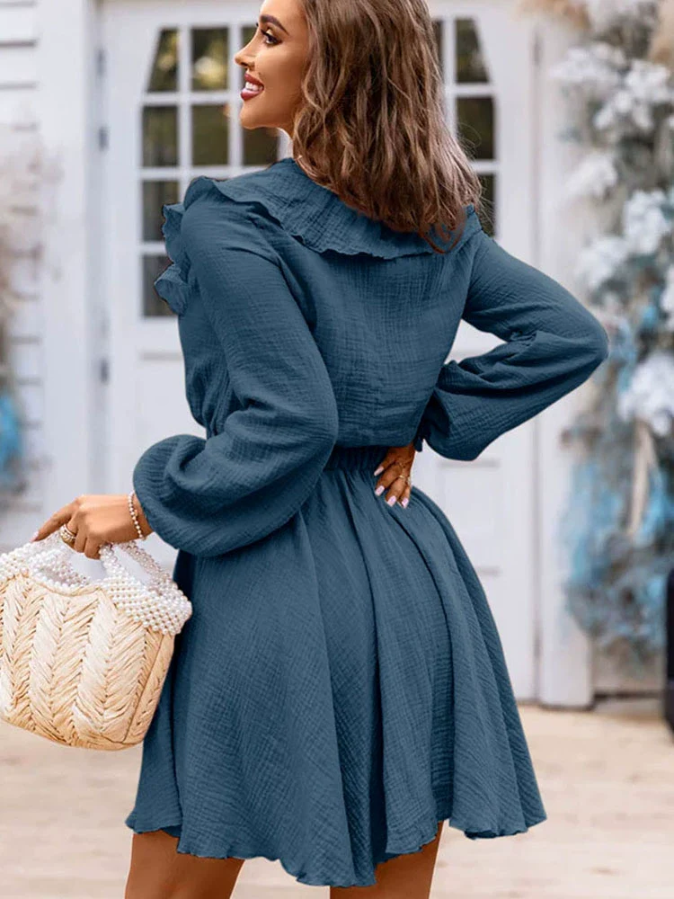 Fall Thin Long Sleeve Dress for Women Fashion Ruffles Patchwork Waist-Slimming Slimming V-Neckline Texture Knee-Length Skirt for Women - Image 5