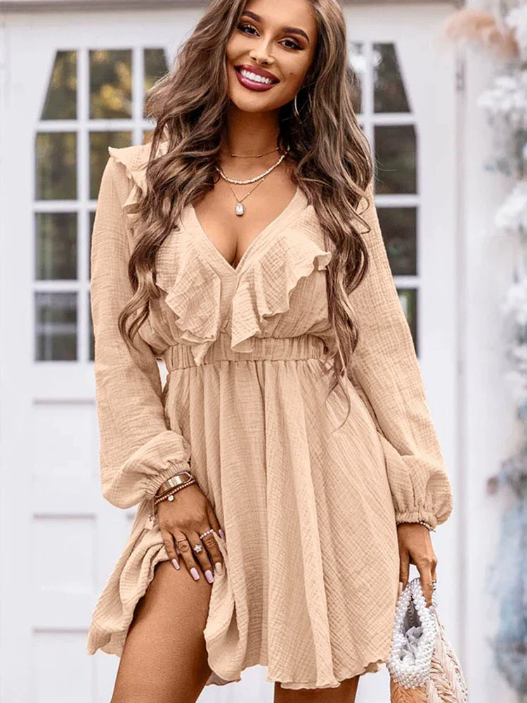 Fall Thin Long Sleeve Dress for Women Fashion Ruffles Patchwork Waist-Slimming Slimming V-Neckline Texture Knee-Length Skirt for Women - Image 6