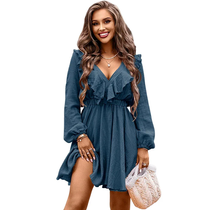 Fall Thin Long Sleeve Dress for Women Fashion Ruffles Patchwork Waist-Slimming Slimming V-Neckline Texture Knee-Length Skirt for Women - Image 7