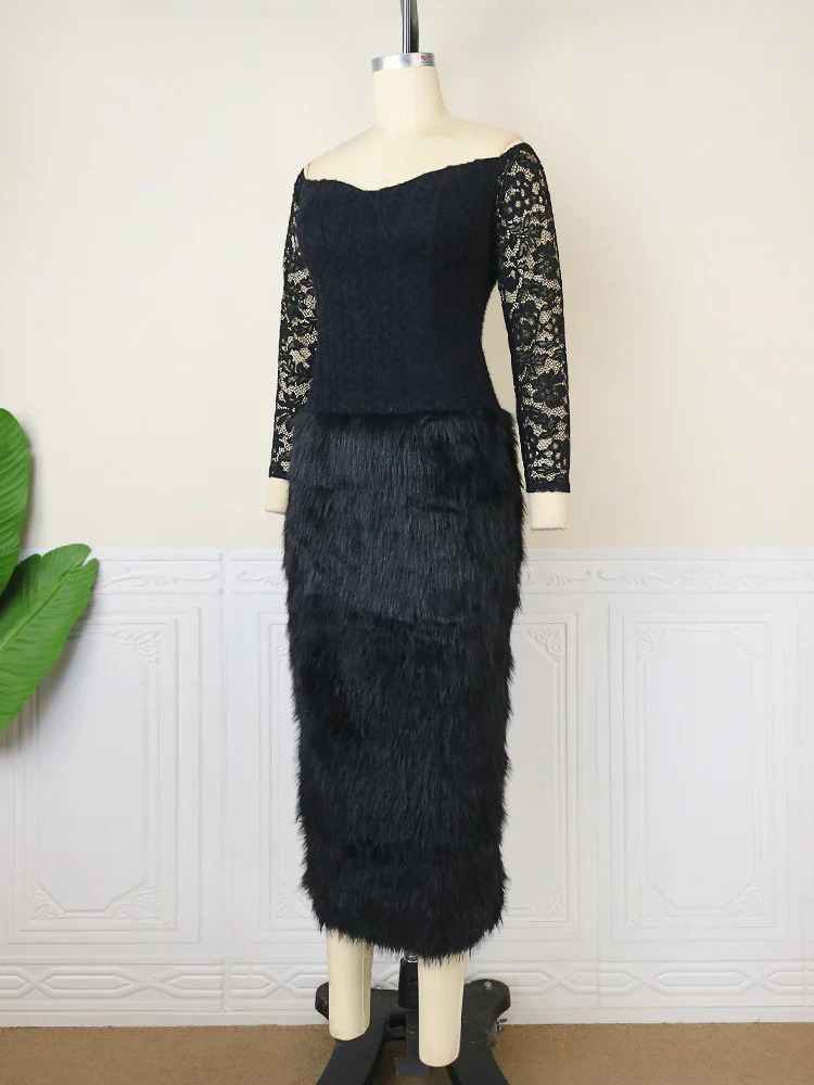 Fall Winter Black Faux Fur Midi Dresses Long Sleeve Sweetheart Neck Off Shoulder Wrap Bodycon Corset Dress Club Party Night Gown - Image 4
