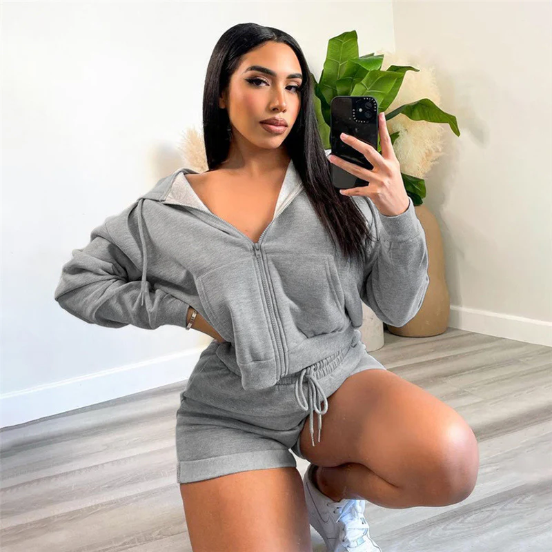 Fall Zipper Pocket Hoodies Sweatshirts Two Piece Shorts Set Women Clothing Gym Outfits Jogging Fleece Solid Tracksuit - Image 3