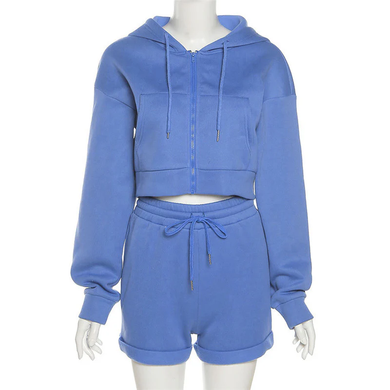 Fall Zipper Pocket Hoodies Sweatshirts Two Piece Shorts Set Women Clothing Gym Outfits Jogging Fleece Solid Tracksuit - Image 5