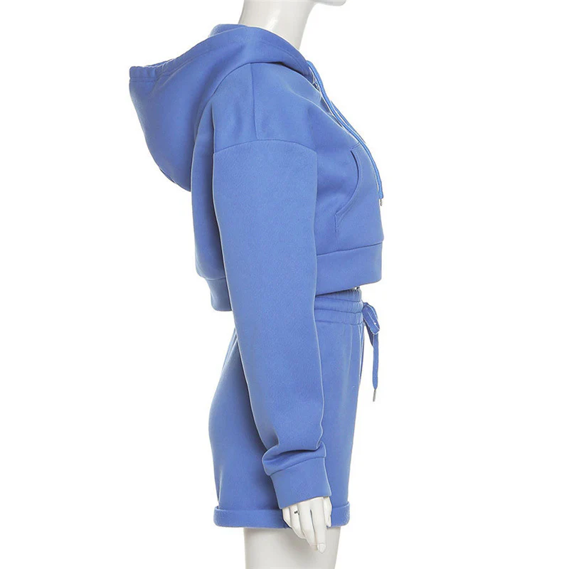 Fall Zipper Pocket Hoodies Sweatshirts Two Piece Shorts Set Women Clothing Gym Outfits Jogging Fleece Solid Tracksuit - Image 6
