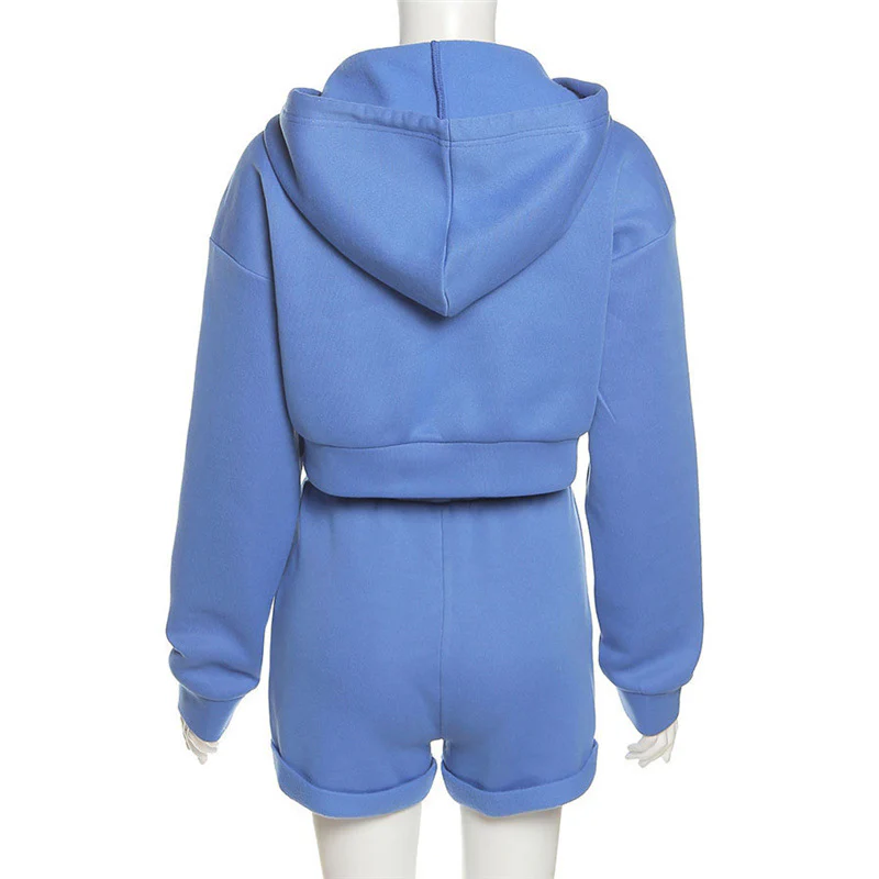Fall Zipper Pocket Hoodies Sweatshirts Two Piece Shorts Set Women Clothing Gym Outfits Jogging Fleece Solid Tracksuit - Image 7
