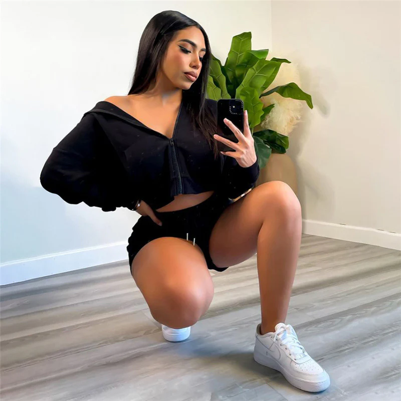 Fall Zipper Pocket Hoodies Sweatshirts Two Piece Shorts Set Women Clothing Gym Outfits Jogging Fleece Solid Tracksuit - Image 8