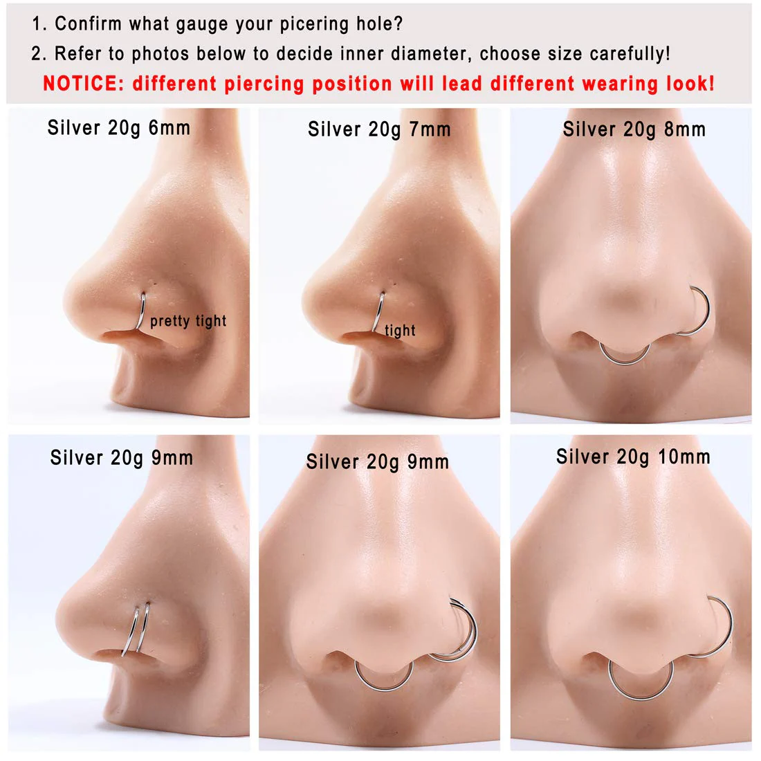 FANSING Nose Hoop Surgical Steel Nose Rings for Women Men Septum Jewelry Hinged Cartilage Earring Hoop for Nostril Helix Tragus Daith Conch Lip Rook Ear Lobe Piercings Silver 18 Gauge 8mm - Image 2