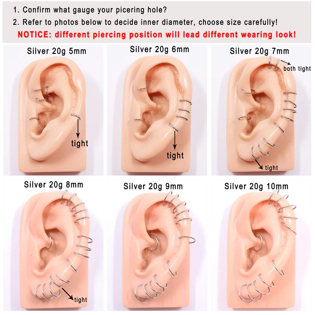 FANSING Nose Hoop Surgical Steel Nose Rings for Women Men Septum Jewelry Hinged Cartilage Earring Hoop for Nostril Helix Tragus Daith Conch Lip Rook Ear Lobe Piercings Silver 18 Gauge 8mm - Image 3