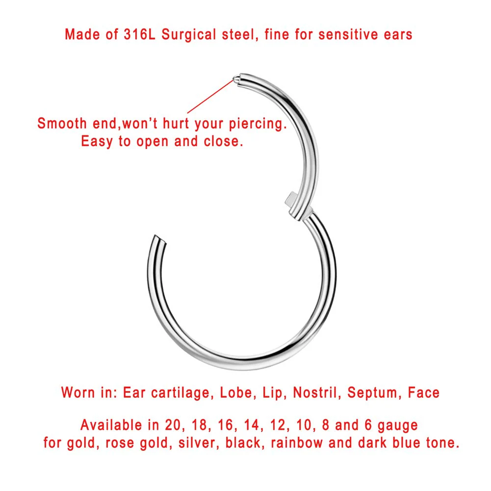 FANSING Nose Hoop Surgical Steel Nose Rings for Women Men Septum Jewelry Hinged Cartilage Earring Hoop for Nostril Helix Tragus Daith Conch Lip Rook Ear Lobe Piercings Silver 18 Gauge 8mm - Image 6