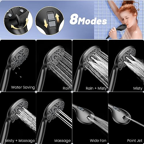 FASDUNT High Pressure Shower Head with Handheld, 8-mode Shower Heads with 80" Extra Long Stainless Steel Hose & Adjustable Bracket, Built-in Power Wash to Clean Tub, Tile & Pets - Black - Image 2