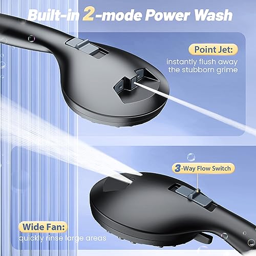 FASDUNT High Pressure Shower Head with Handheld, 8-mode Shower Heads with 80" Extra Long Stainless Steel Hose & Adjustable Bracket, Built-in Power Wash to Clean Tub, Tile & Pets - Black - Image 6