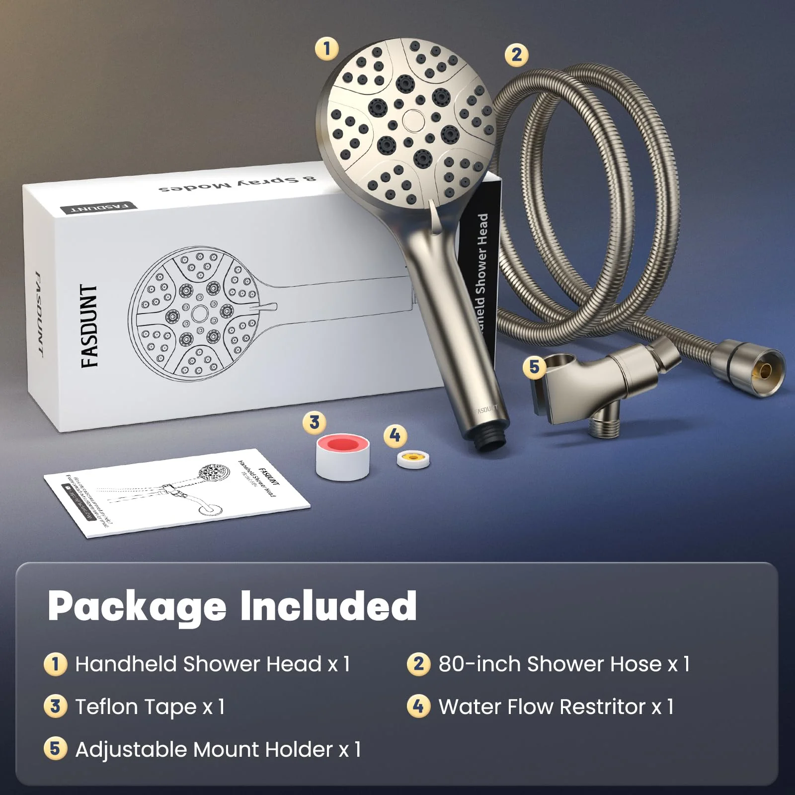 FASDUNT High Pressure Shower Head with Handheld, 8-mode Shower Heads with 80" Extra Long Stainless Steel Hose & Adjustable Bracket, Built-in Power Wash to Clean Tub, Tile & Pets - Brushed Nickel - Image 3
