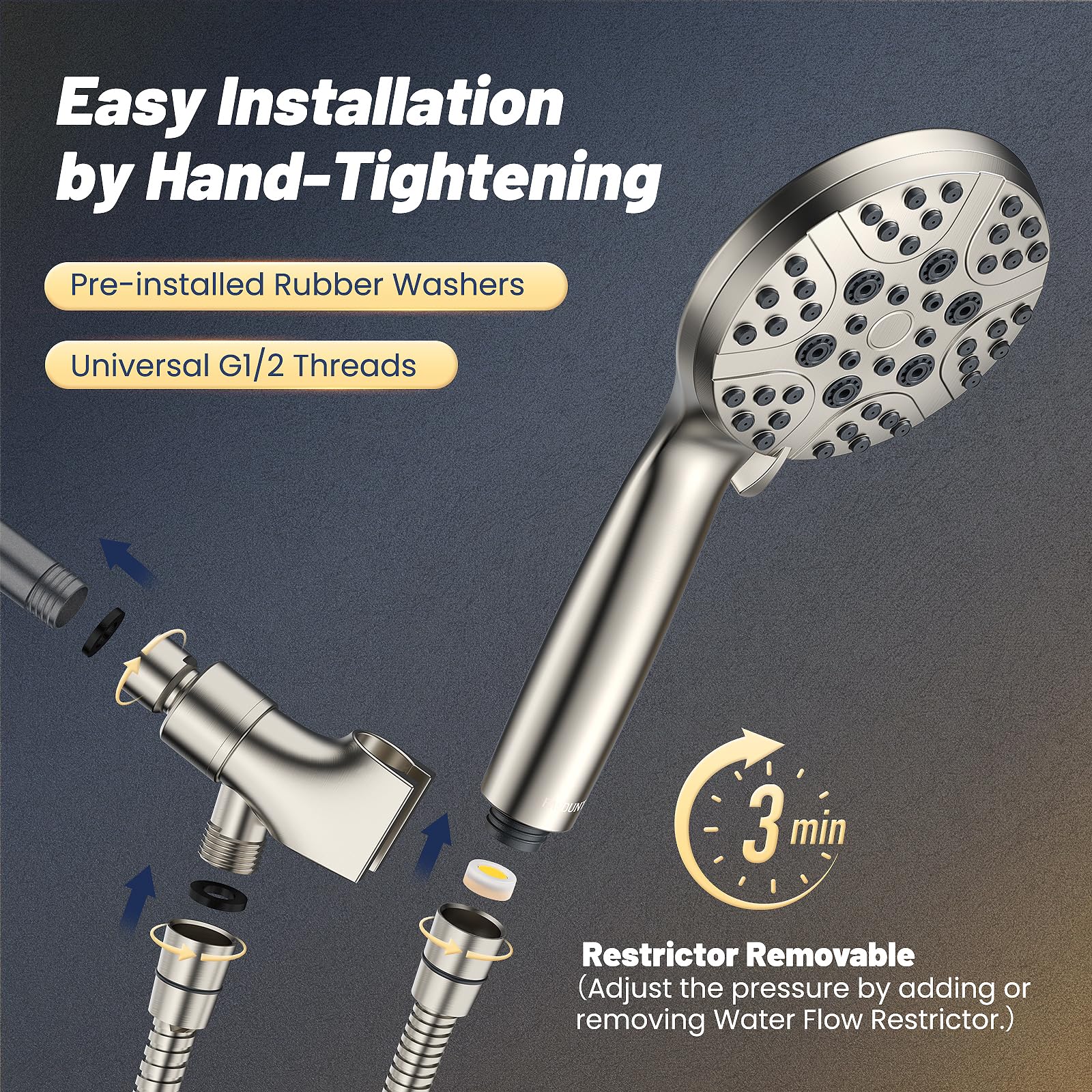 FASDUNT High Pressure Shower Head with Handheld, 8-mode Shower Heads with 80" Extra Long Stainless Steel Hose & Adjustable Bracket, Built-in Power Wash to Clean Tub, Tile & Pets - Brushed Nickel - Image 4