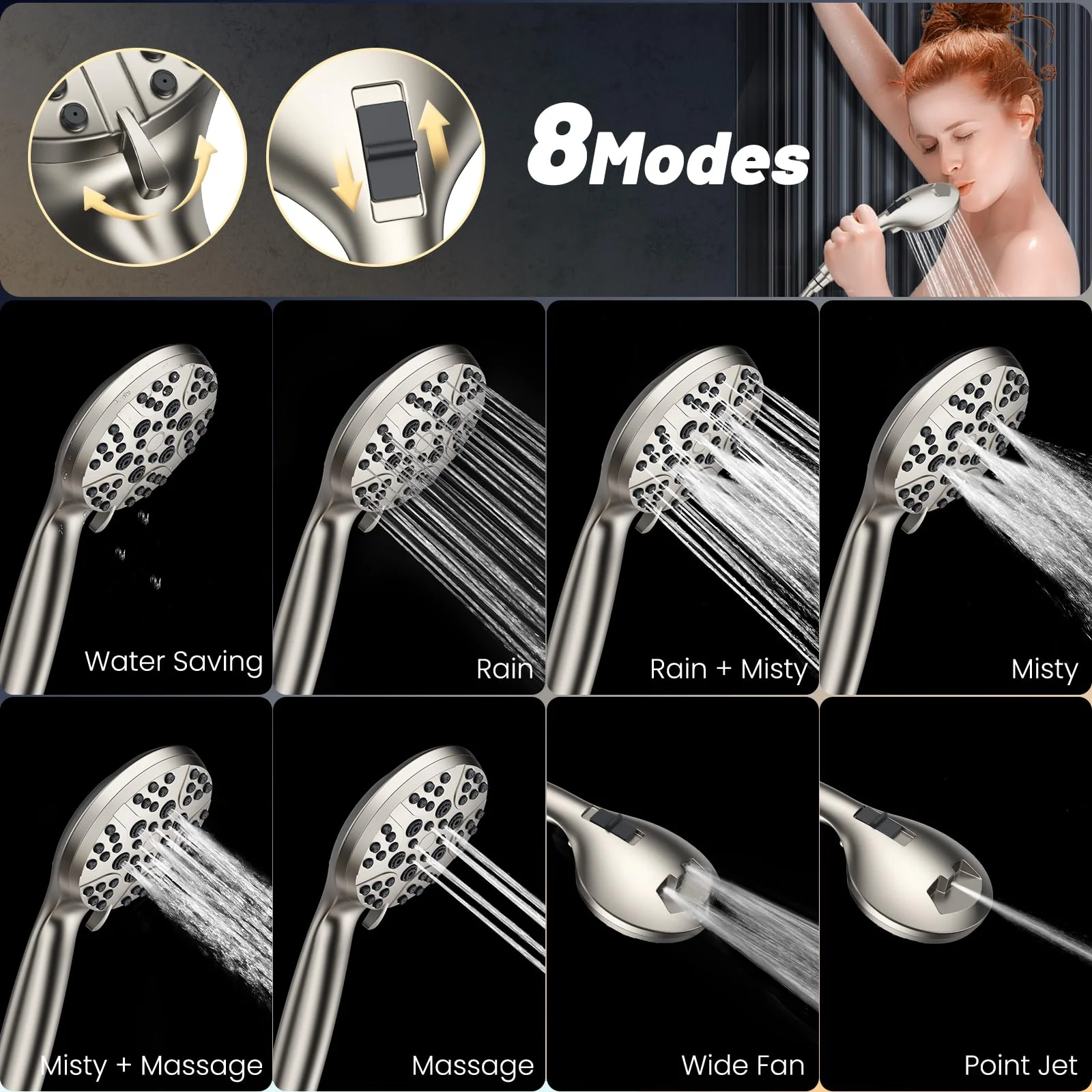 FASDUNT High Pressure Shower Head with Handheld, 8-mode Shower Heads with 80" Extra Long Stainless Steel Hose & Adjustable Bracket, Built-in Power Wash to Clean Tub, Tile & Pets - Brushed Nickel - Image 5