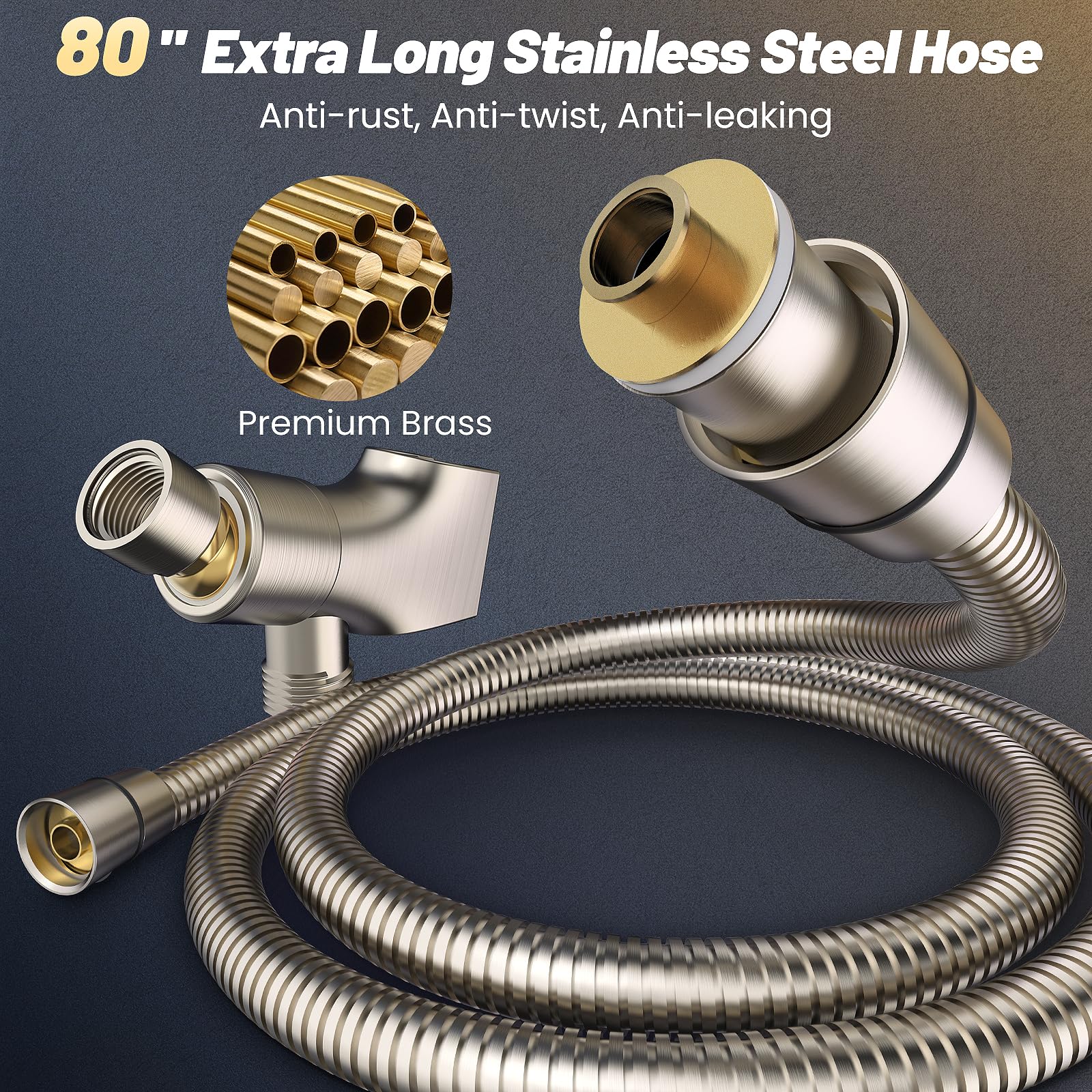 FASDUNT High Pressure Shower Head with Handheld, 8-mode Shower Heads with 80" Extra Long Stainless Steel Hose & Adjustable Bracket, Built-in Power Wash to Clean Tub, Tile & Pets - Brushed Nickel - Image 8