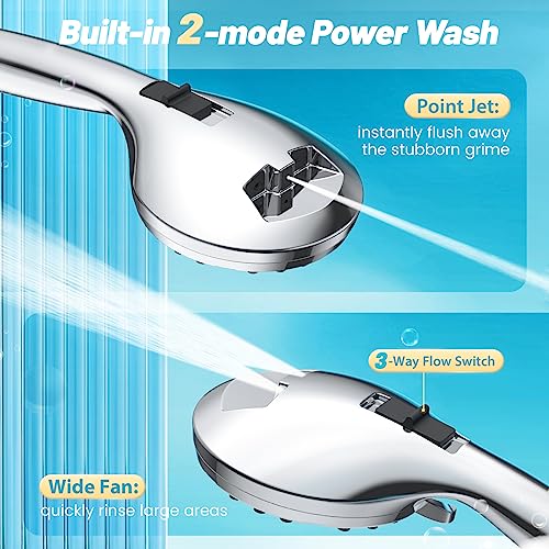 FASDUNT High Pressure Shower Head with Handheld, 8-mode Shower Heads with 80" Extra Long Stainless Steel Hose & Adjustable Bracket, Built-in Power Wash to Clean Tub, Tile & Pets - Chrome - Image 6