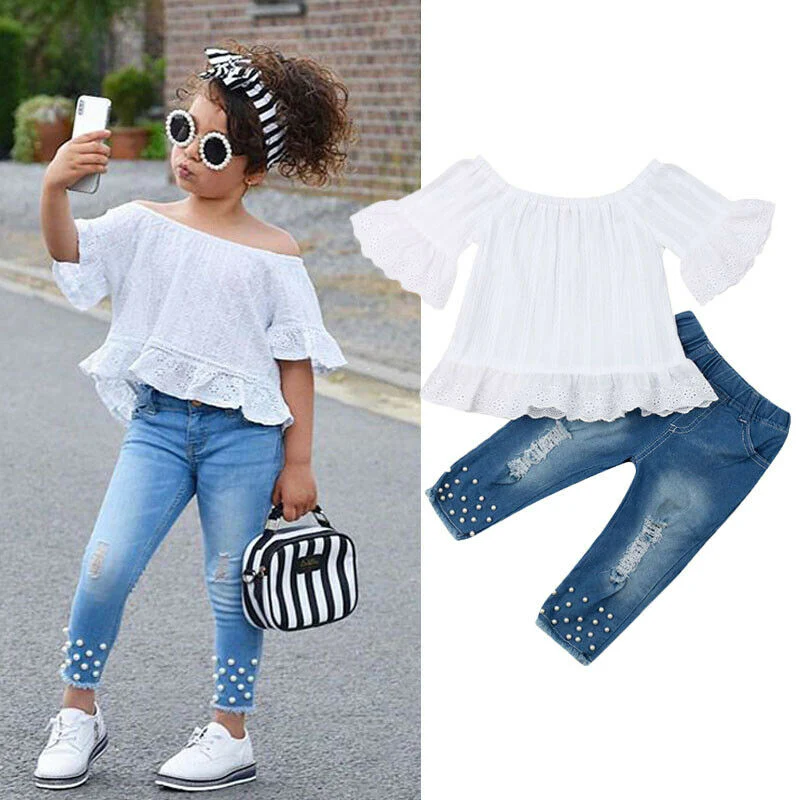 Fashion 1-6Y Baby Girls Clothes Sets Girl White Tops T-shirt Kids Denim Long Pants Jeans Toddler Outfits Set 2Pcs Suits Outfits