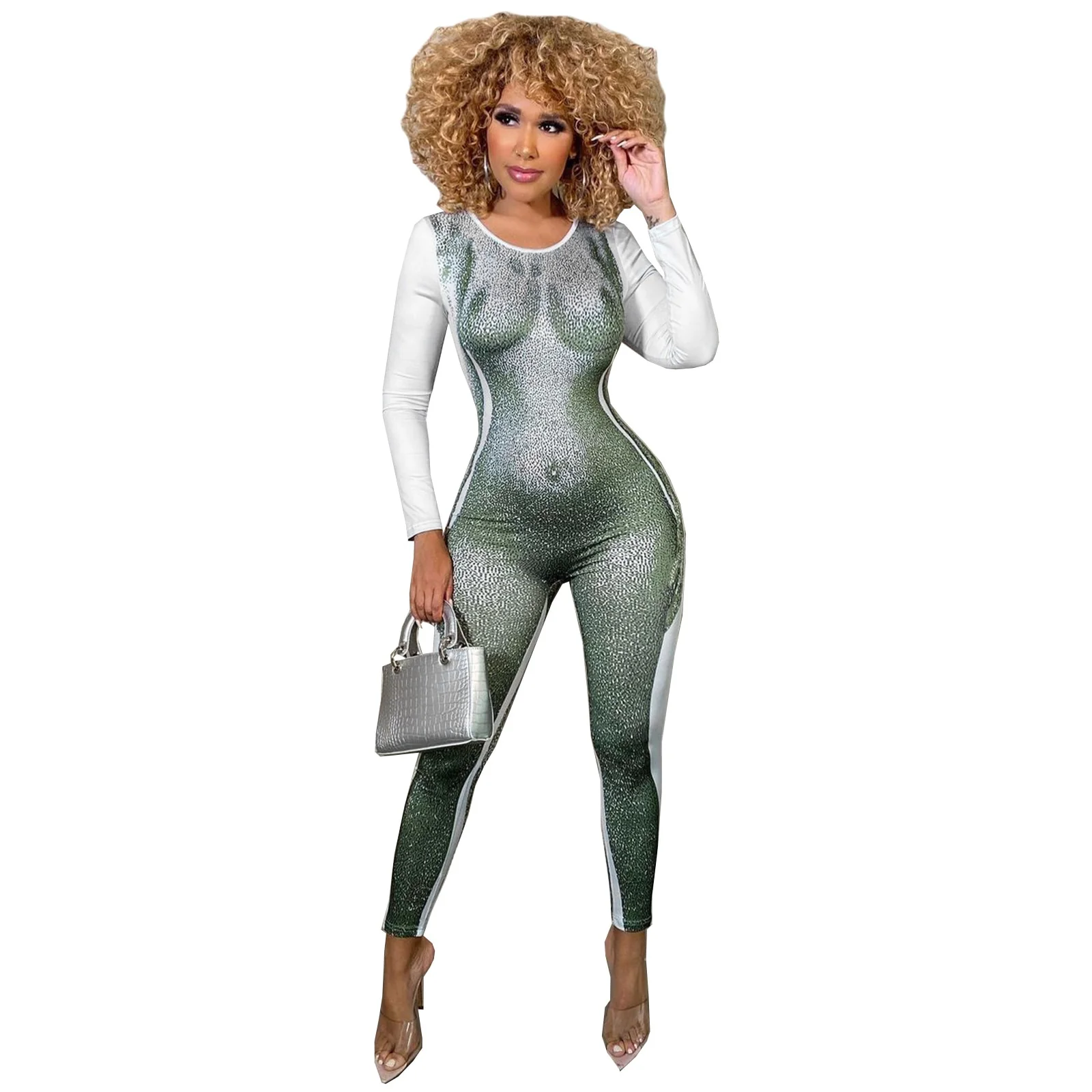 Fashion 3D Body Print Design Rompers Women Sexy Sporty O Neck Long Sleeve Leggings Skinny Club Party Jumpsuit Overalls Clothes - Image 2