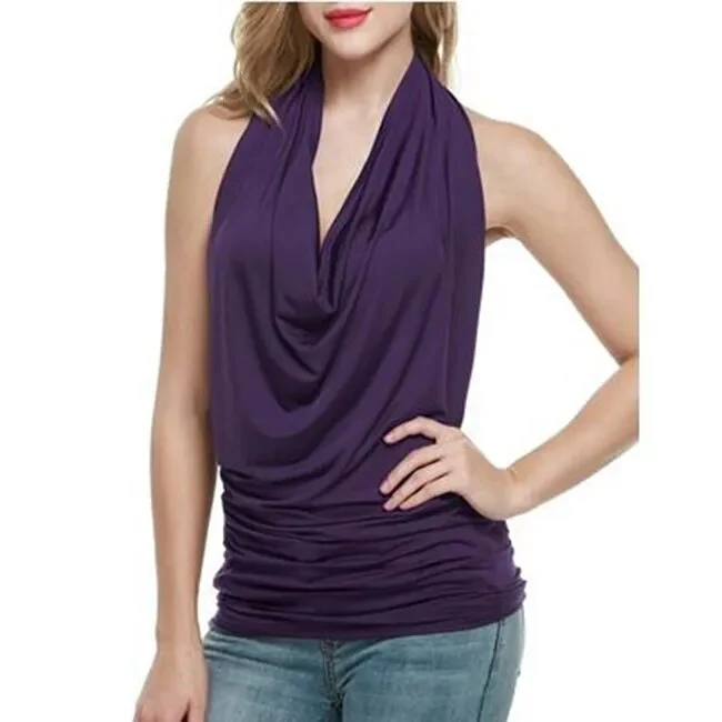 Fashion Backless Tops Sexy Blouse Women Summer Europe Unlined Upper Halter Hanging Neck Sleeveless Shirt V Halter Top Tee Female - Image 2