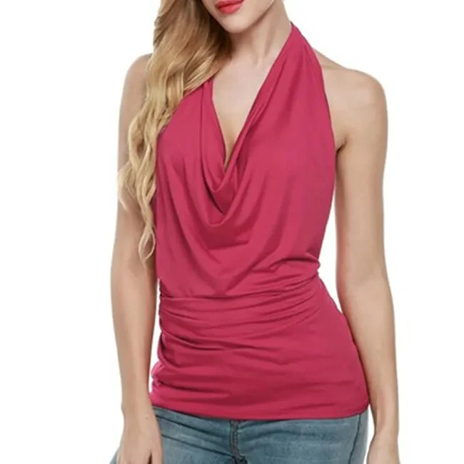 Fashion Backless Tops Sexy Blouse Women Summer Europe Unlined Upper Halter Hanging Neck Sleeveless Shirt V Halter Top Tee Female - Image 3
