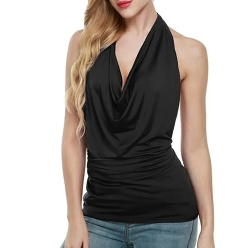 Fashion Backless Tops Sexy Blouse Women Summer Europe Unlined Upper Halter Hanging Neck Sleeveless Shirt V Halter Top Tee Female - Image 8