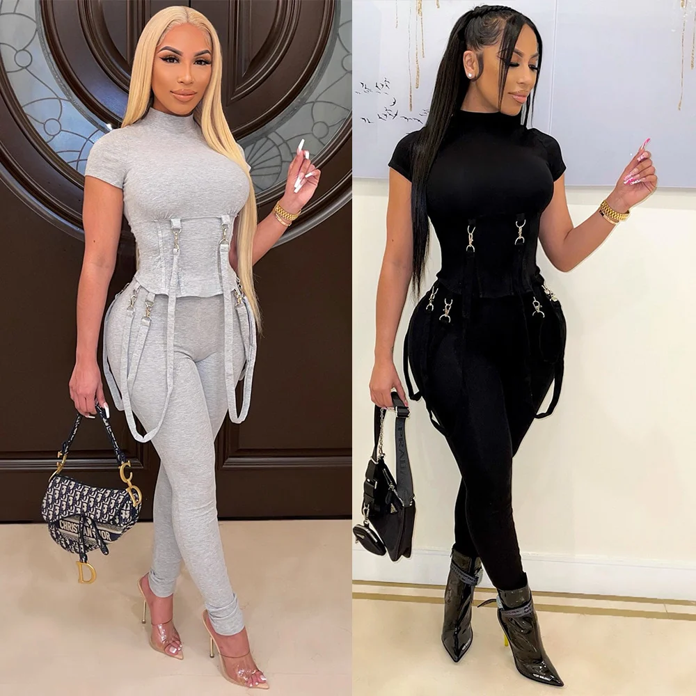 Fashion Black Grey Locomotive Style Tracksuit Women Casual O Neck Short Sleeve Top + Pants Slim Club Two Piece Set Jogging Femme