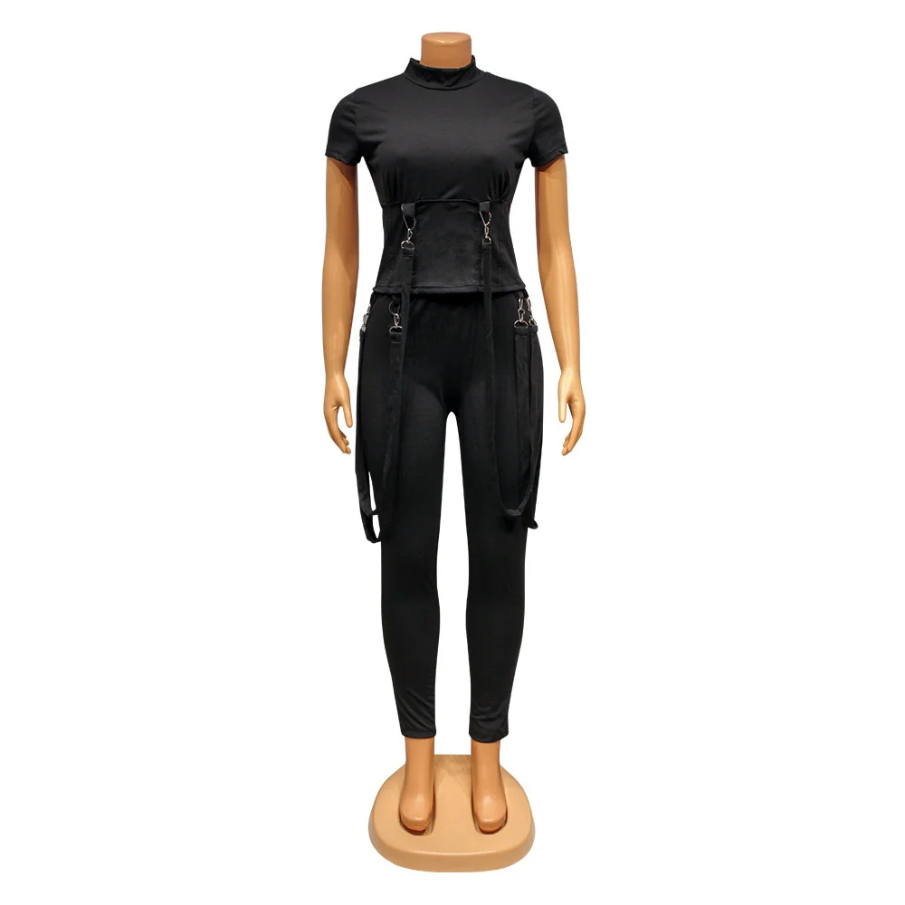 Fashion Black Grey Locomotive Style Tracksuit Women Casual O Neck Short Sleeve Top + Pants Slim Club Two Piece Set Jogging Femme - Image 2
