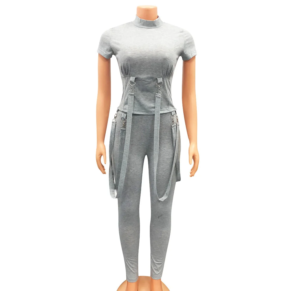 Fashion Black Grey Locomotive Style Tracksuit Women Casual O Neck Short Sleeve Top + Pants Slim Club Two Piece Set Jogging Femme - Image 6