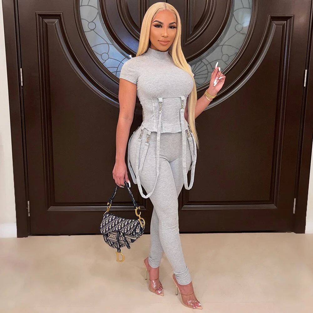 Fashion Black Grey Locomotive Style Tracksuit Women Casual O Neck Short Sleeve Top + Pants Slim Club Two Piece Set Jogging Femme - Image 7