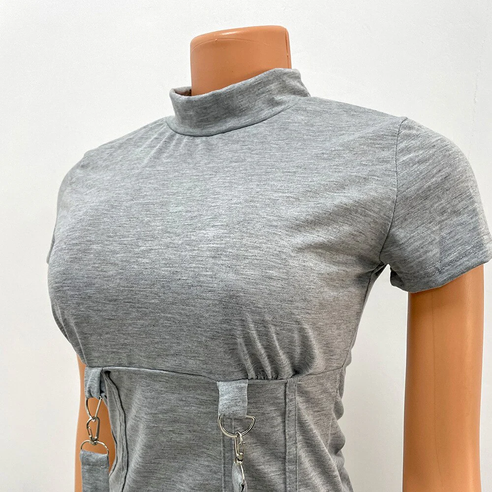 Fashion Black Grey Locomotive Style Tracksuit Women Casual O Neck Short Sleeve Top + Pants Slim Club Two Piece Set Jogging Femme - Image 8