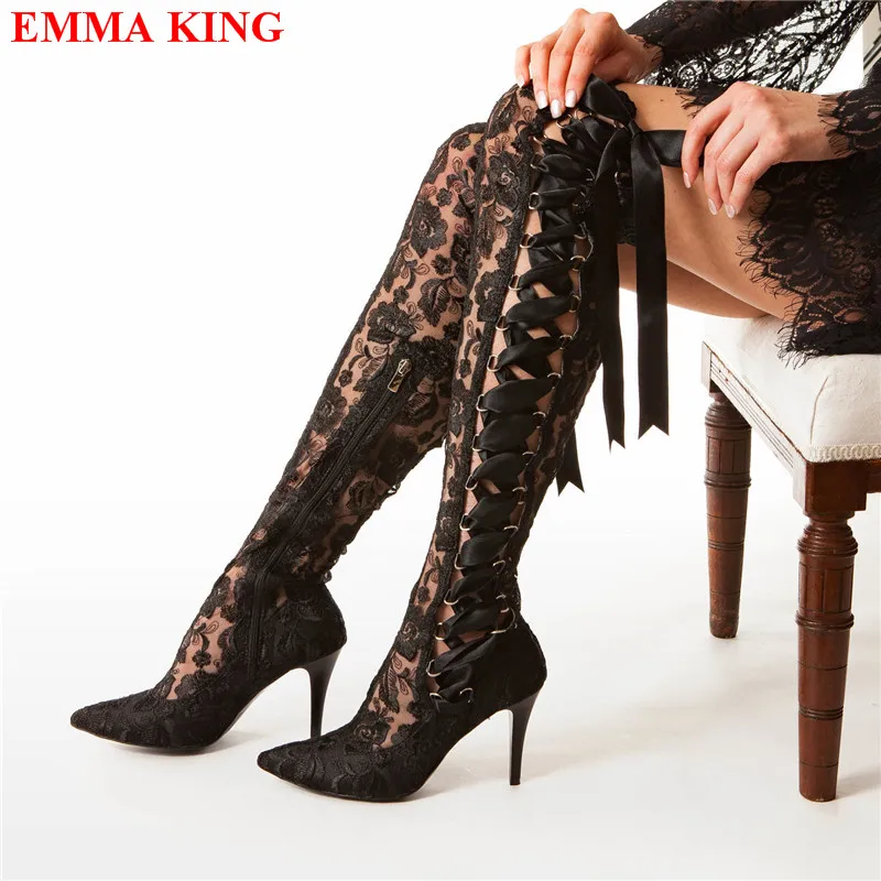Fashion Black Lace Over The Knee Boots Lace Up Gothic Thigh High Boots High Heels Long Bridal Boots Pointed White Wedding Boots - Image 5