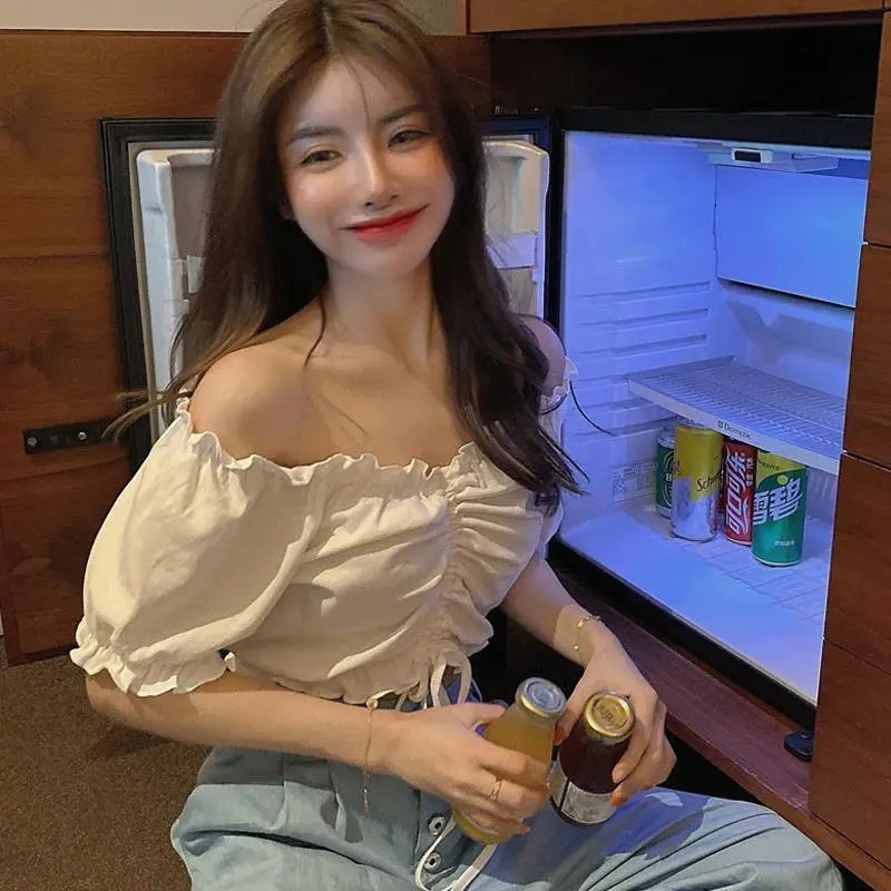 Fashion Blouses Woman Sexy Off Shoulder Crop Top Ruffles Shirt Puff Sleeve Harajuku Tee Shirt Chiffon Youth Elegant Blouse - Image 2
