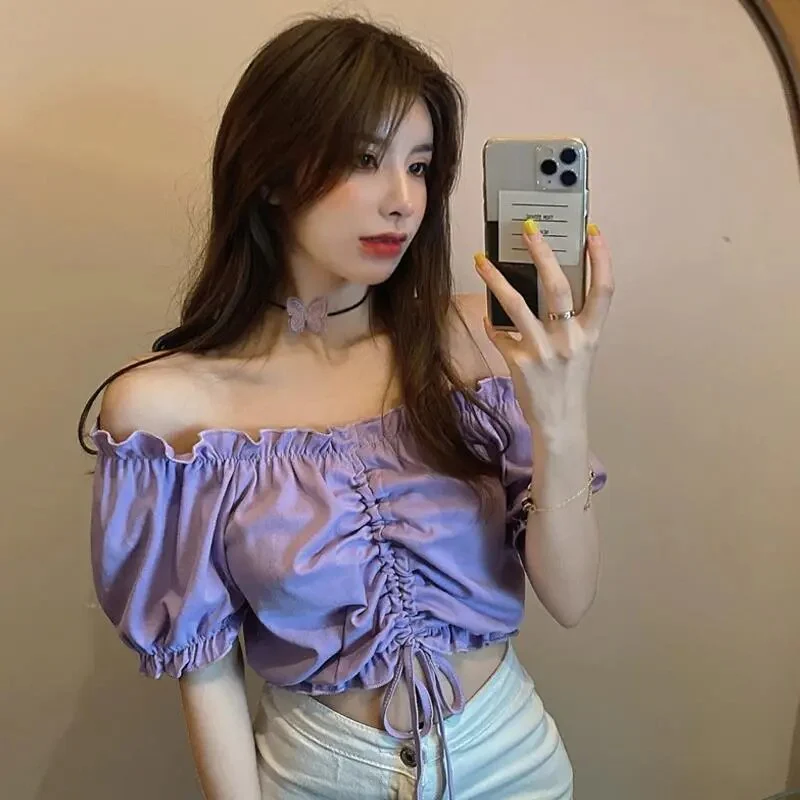 Fashion Blouses Woman Sexy Off Shoulder Crop Top Ruffles Shirt Puff Sleeve Harajuku Tee Shirt Chiffon Youth Elegant Blouse - Image 5