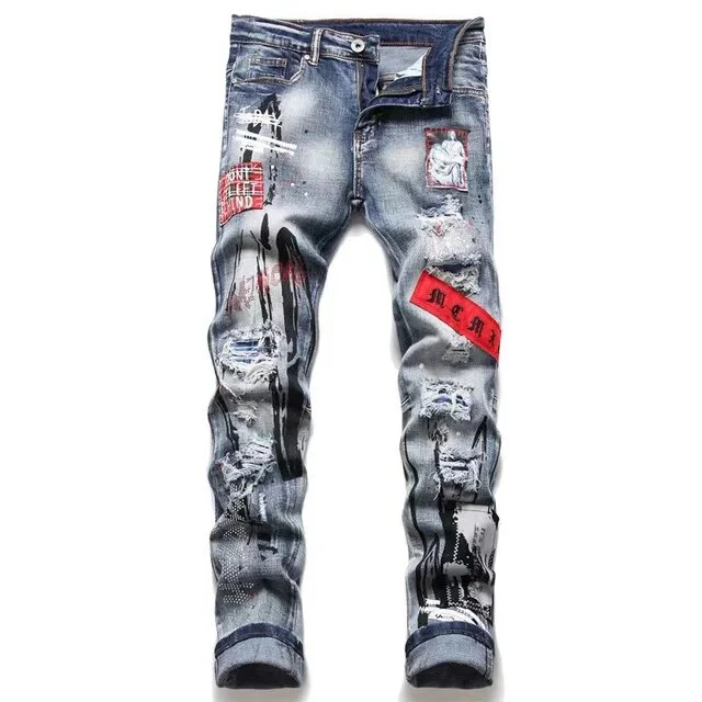 Fashion Brand Men Crystal Stretch Denim Jeans Streetwear Painted Holes Ripped Distressed Pants Patchwork Slim Tapered Trousers - Image 12