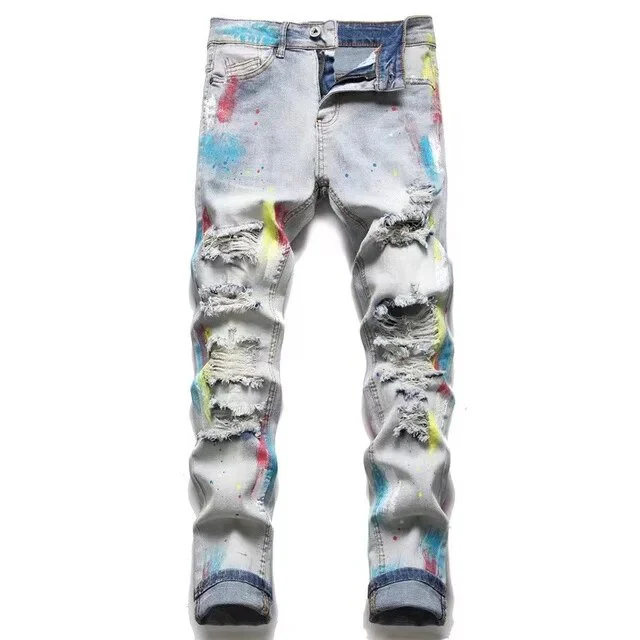 Fashion Brand Men Crystal Stretch Denim Jeans Streetwear Painted Holes Ripped Distressed Pants Patchwork Slim Tapered Trousers - Image 13