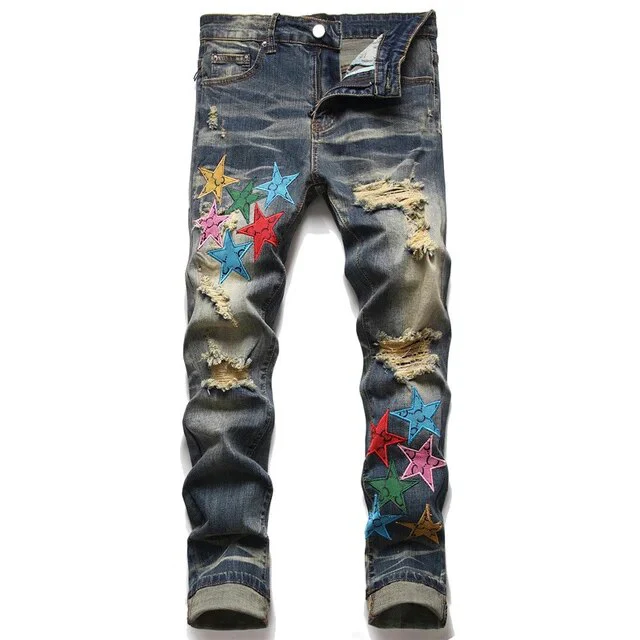 Fashion Brand Men Crystal Stretch Denim Jeans Streetwear Painted Holes Ripped Distressed Pants Patchwork Slim Tapered Trousers - Image 14