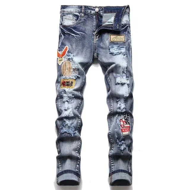Fashion Brand Men Crystal Stretch Denim Jeans Streetwear Painted Holes Ripped Distressed Pants Patchwork Slim Tapered Trousers - Image 15
