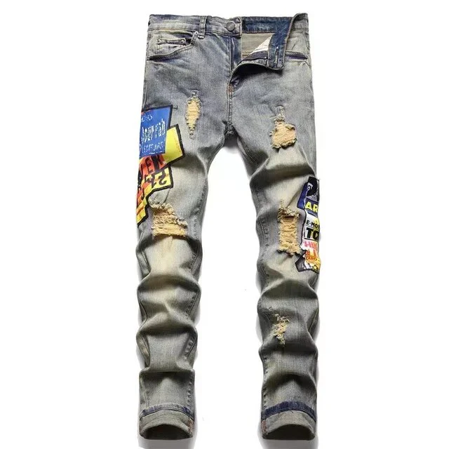 Fashion Brand Men Crystal Stretch Denim Jeans Streetwear Painted Holes Ripped Distressed Pants Patchwork Slim Tapered Trousers - Image 16