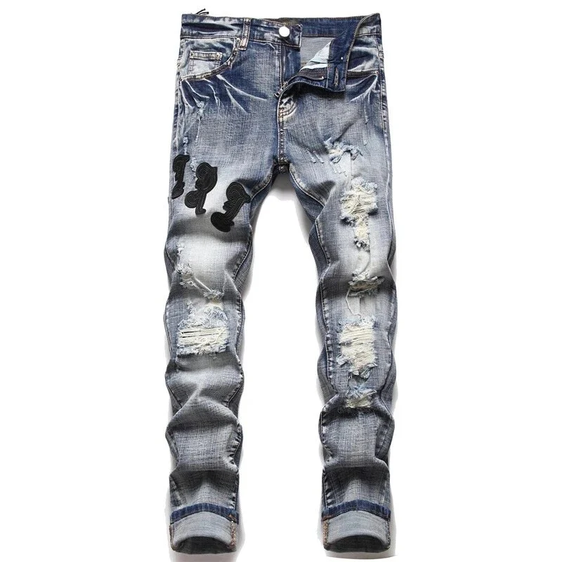 Fashion Brand Men Crystal Stretch Denim Jeans Streetwear Painted Holes Ripped Distressed Pants Patchwork Slim Tapered Trousers - Image 4