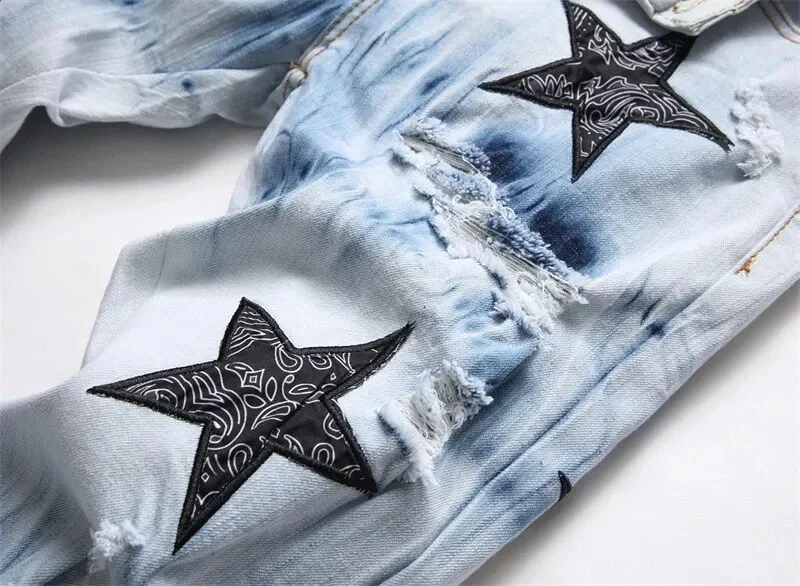 Fashion Brand Men Crystal Stretch Denim Jeans Streetwear Painted Holes Ripped Distressed Pants Patchwork Slim Tapered Trousers - Image 5