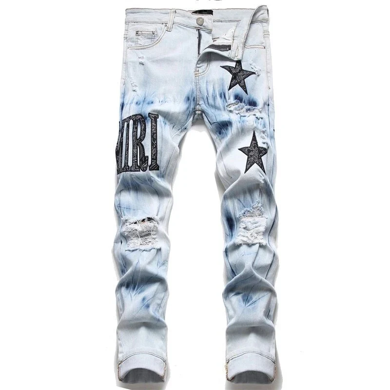 Fashion Brand Men Crystal Stretch Denim Jeans Streetwear Painted Holes Ripped Distressed Pants Patchwork Slim Tapered Trousers - Image 7
