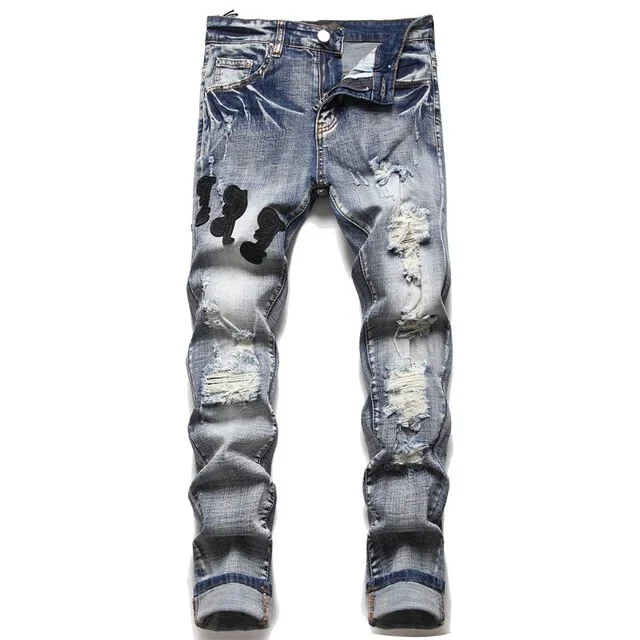 Fashion Brand Men Crystal Stretch Denim Jeans Streetwear Painted Holes Ripped Distressed Pants Patchwork Slim Tapered Trousers - Image 8
