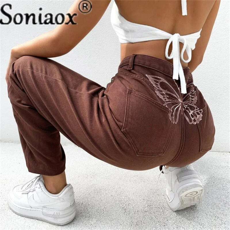 Fashion Butterfly Print Women's Denim Pants Ladies Sexy High Waist Print Wide Leg Jeans 2021 Women Streetwear Straight Leg Jeans - Image 3