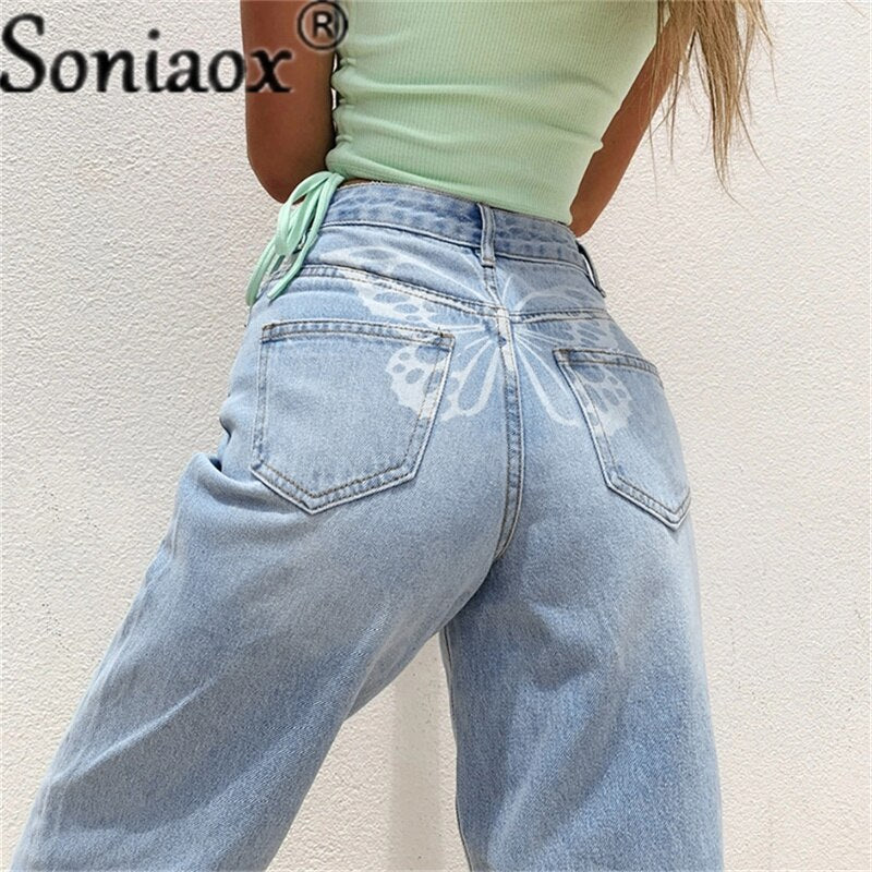 Fashion Butterfly Print Women's Denim Pants Ladies Sexy High Waist Print Wide Leg Jeans 2021 Women Streetwear Straight Leg Jeans - Image 5
