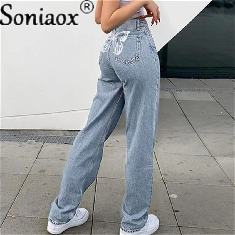 Fashion Butterfly Print Women's Denim Pants Ladies Sexy High Waist Print Wide Leg Jeans 2021 Women Streetwear Straight Leg Jeans - Image 6