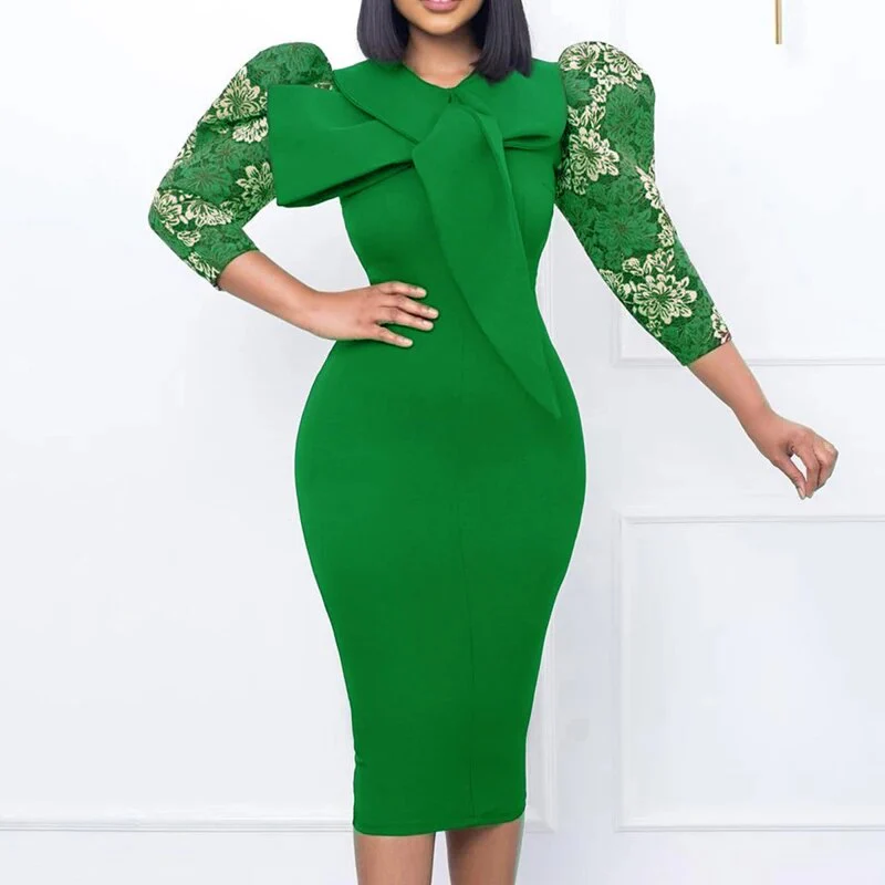 Fashion Church Dresses Women Elegant Casual Office Dress Printed Puff Sleeve Ladies Knee Length Formal Dress with Bow Tie - Image 4