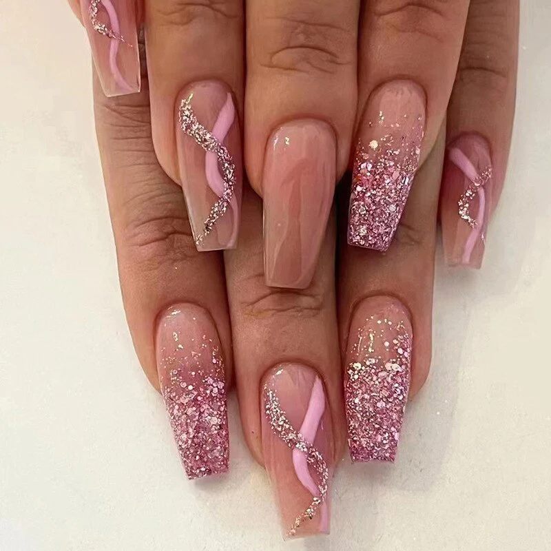 Fashion Colorful Butterfly False Nail Tips With Designs French Coffin Manicure Middle Long Ballerina Fake Nails Set Press on Nai - Image 23